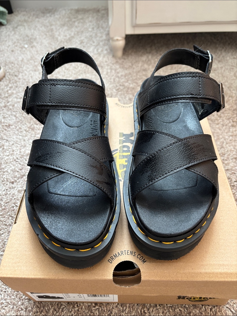 Dr. Martens Women’s Black Leather Voss II Platform Sandals with Yellow Stitching